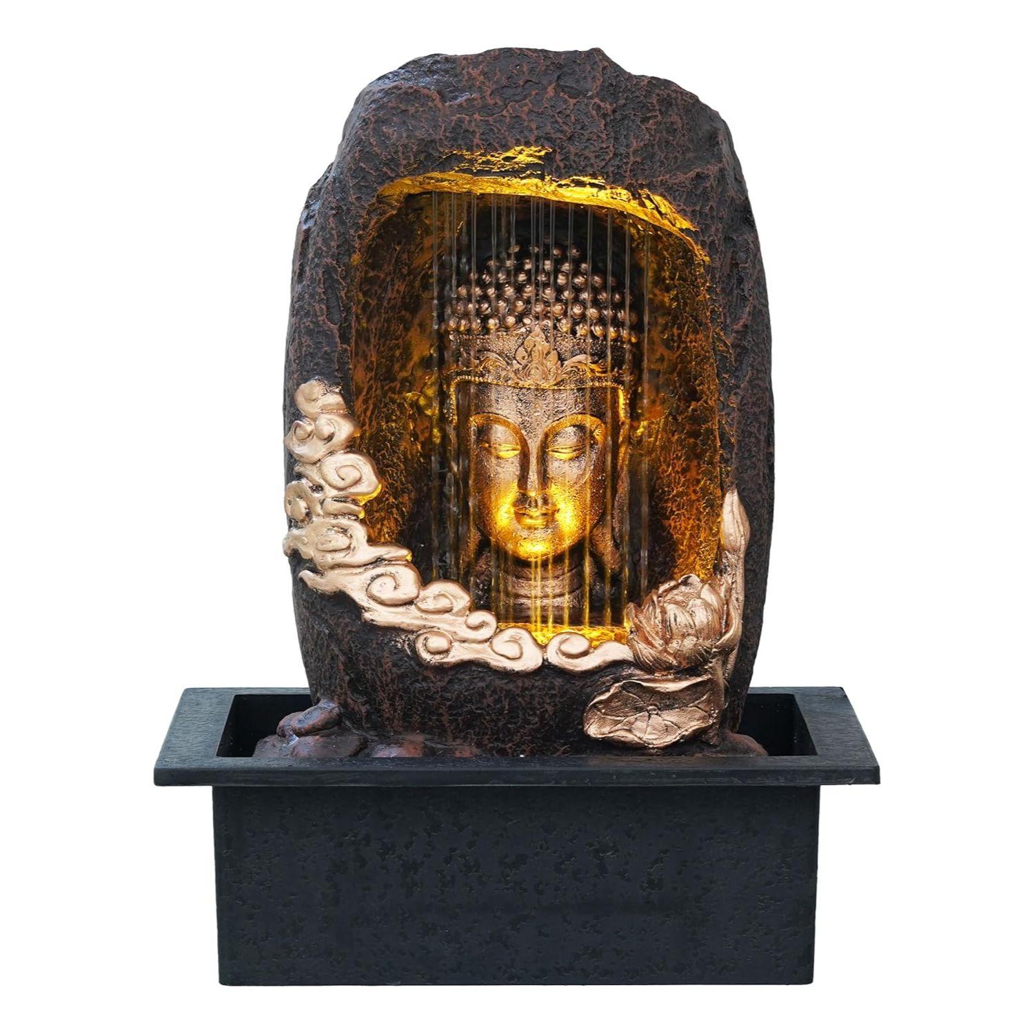 

Полирезиновый настольный золотисто-коричневый медитирующий Будда, сидящий в пещерном стиле, комнатный фонтан-водопад с передней занавеской для домашнего декора