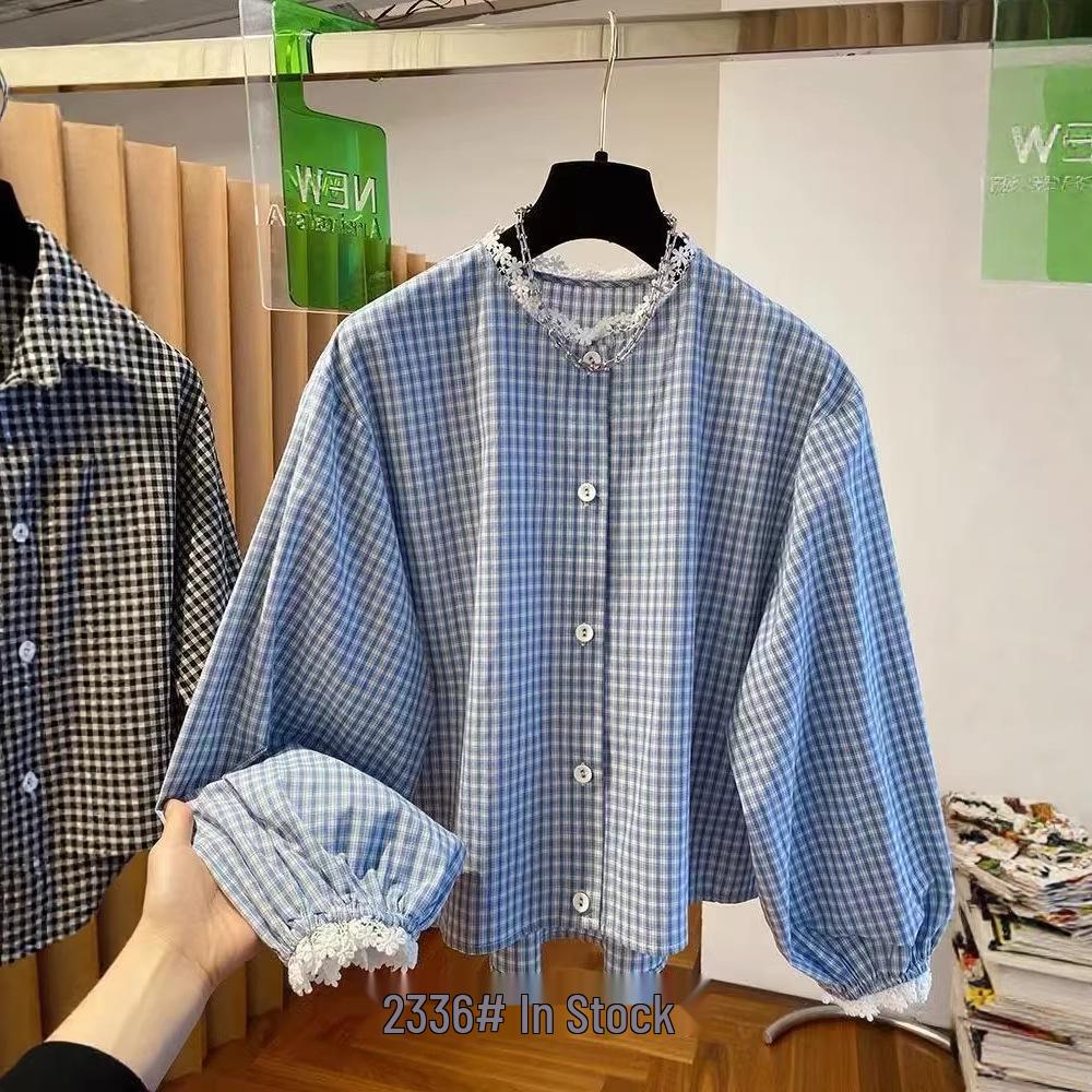 Women's Long Sleeve Korean Plaid Shirt with Lace Ruffles - Black & White, Spring 2026