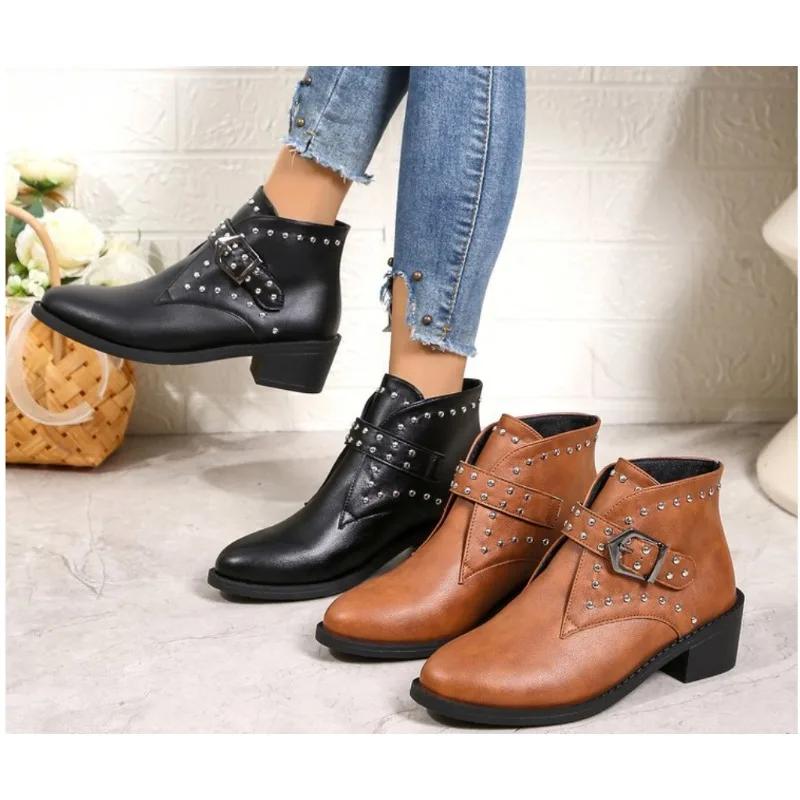 Zimní boty Boty Podzim Nýty Boty-Ženy Luxusní Designér Kulatá špička Velká velikost Kůže Střední Módní Špičaté Mi