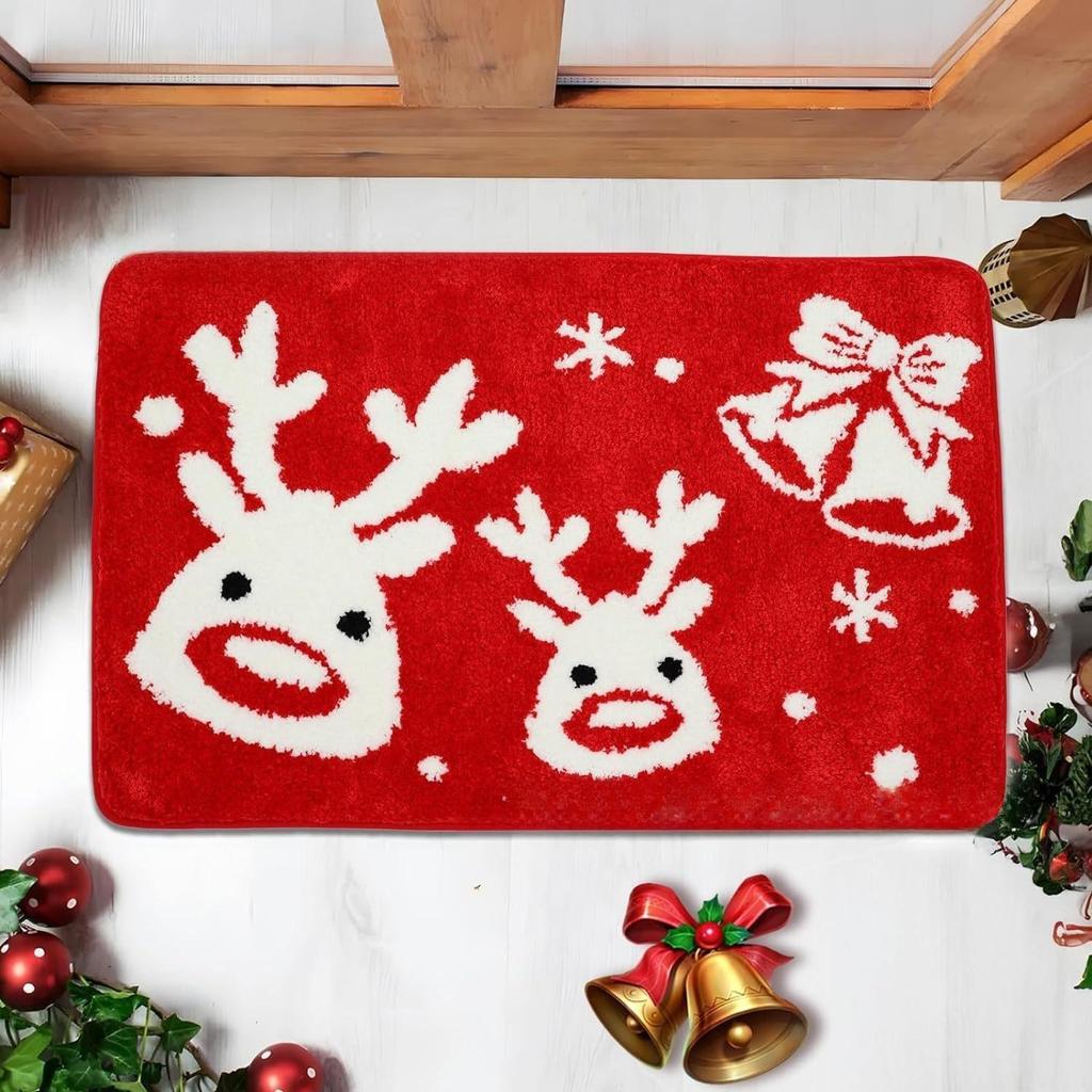 Red Christmas Print Faux Cashmere Bath Mat - Non-Slip Shower Rug & Festive Entryway Doormat