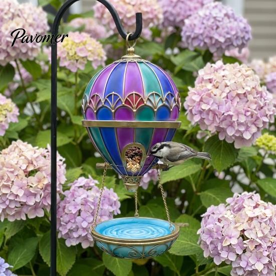 Garden Fountain Decor Stained Glass Hot Air Balloon Bird Feeder Fountain, Hanging with Water Wild Tray, Vintage Bronze Outdoor for Patio Porch