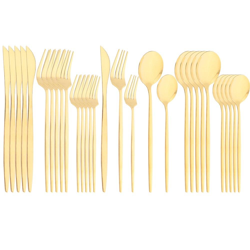 Mirror Dinnerware Set Stainless Steel 30Pcs Black Gold Tableware Knife Fork Spoon Dinner Set Cutlery Spoon Dessert Flatware Set