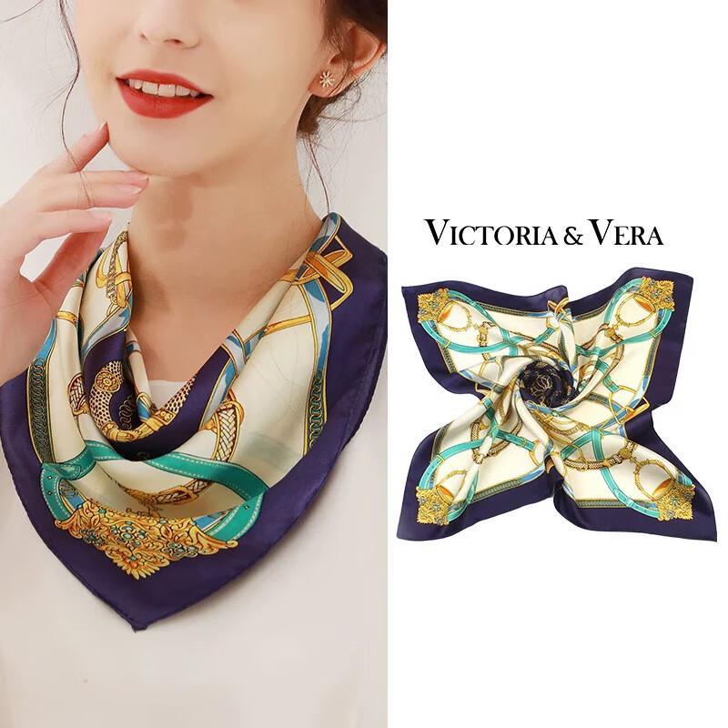 VICTORIA&VERA Crown Print Mulberry Silk Small Square Scarf