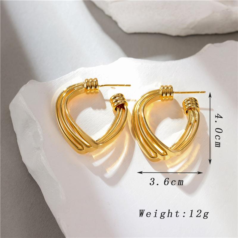 Women s Simple C Shape Drop Earrings Golden Copper Color Three-Layer Metal Dangle Earrings Retro Trendy Statement Zircon