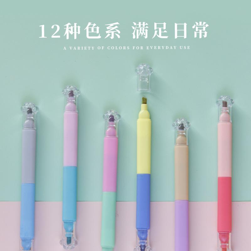 

Kawai Two Color Highlighter Student Key Marker Pen High Value Cat Scratcher Account Coloring Pen Blade 12 Color Set Lovely Gift