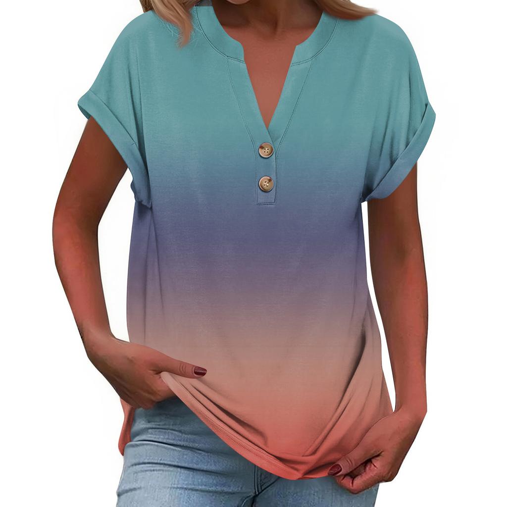 Women's Fashionable Casual Loose-Fit Short-Sleeved Button-Up V-Neck Printed T-Shirt Top