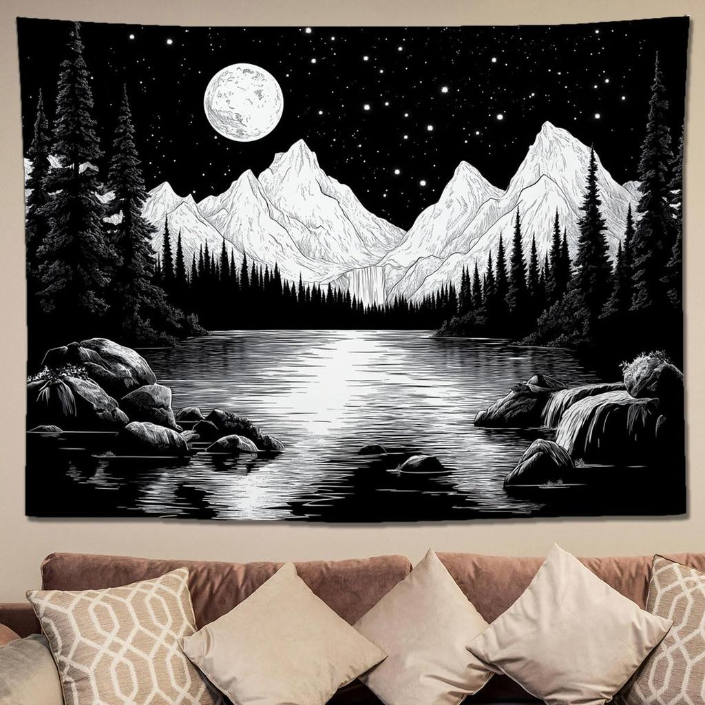Forest Galaxy Tapestry For Bedroom Ceiling Starry Night Sky With Moon And Trees,Blue Aesthetic Wall Hanging,Milky Way Landscape