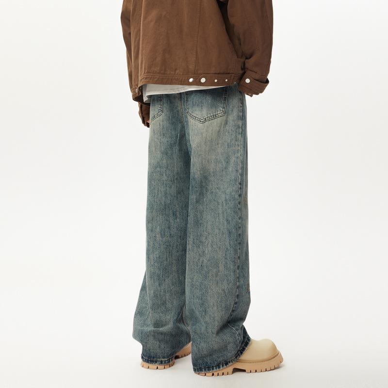 American High Street Old Retro Washing Ripped Jeans Men's Loose Straight Wide-leg Pants