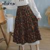 Manšestrová květinová midi sukně dámská tmavě modrá hnědá květinová sukně korejská kawaii krajkové volánky Vintage elegantní dlouhé sukně