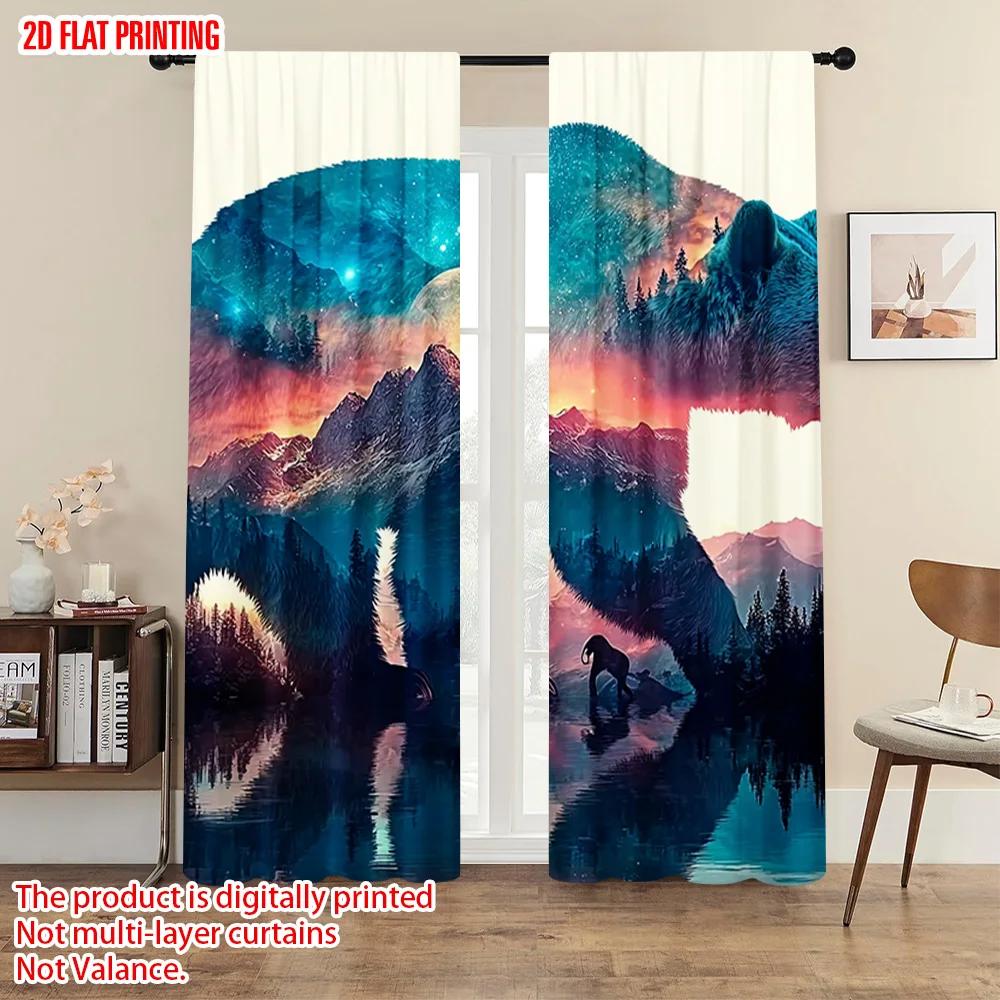 2pcs   plane printing Minimalist Curtains black bear Durable 100% Polyester Fabric (without rod) Decorations Inside Perfect for