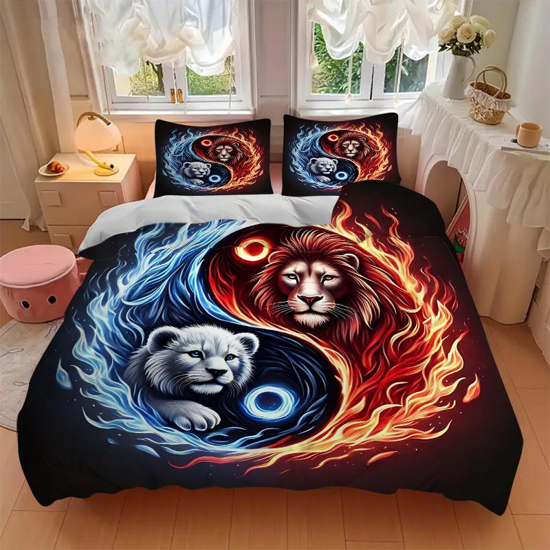 3-teiliges Yin Yang Löwen Muster Bettwäsche-Set, 1* Bettbezug + 2* Kissenbezüge, Bedrucktes Bettwäsche-Set, Weich und Bequem, Geeignet für Schlafzimmer und Gästezimmer