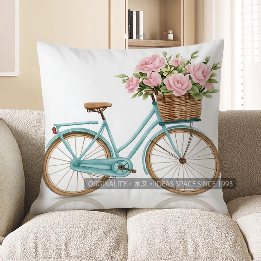 Home Decor Blue Bench With Pink Flowers Throw Pillow Pattern Cushion Cover Suitable For Sofa Bedroom Car Pillow Cover