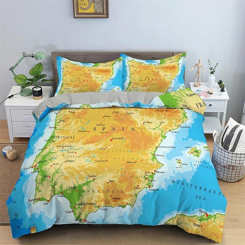 3D Print Map Pattern Bedding Set,Duvet Cover Comforter Bed Set Quilt Cover Pillowcase,King Queen Twin Size Boys Girls Adults