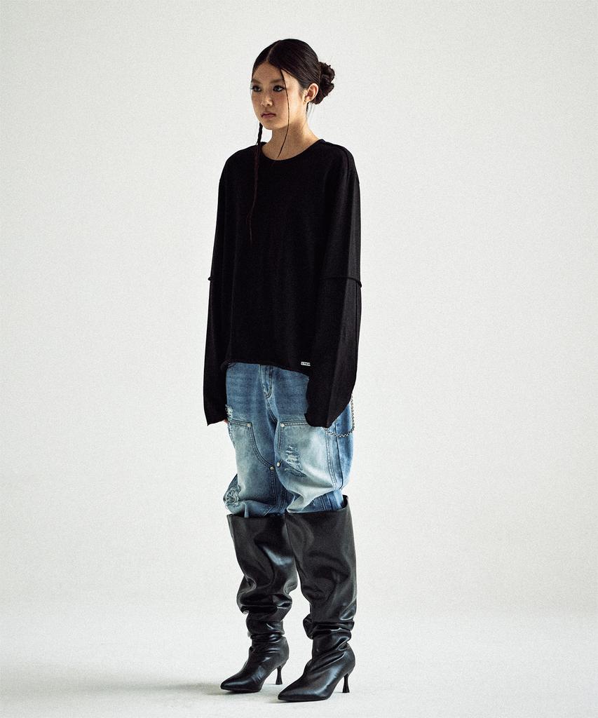 THEVINYLHOUSE Cut-Off Layered Ls Tee Black