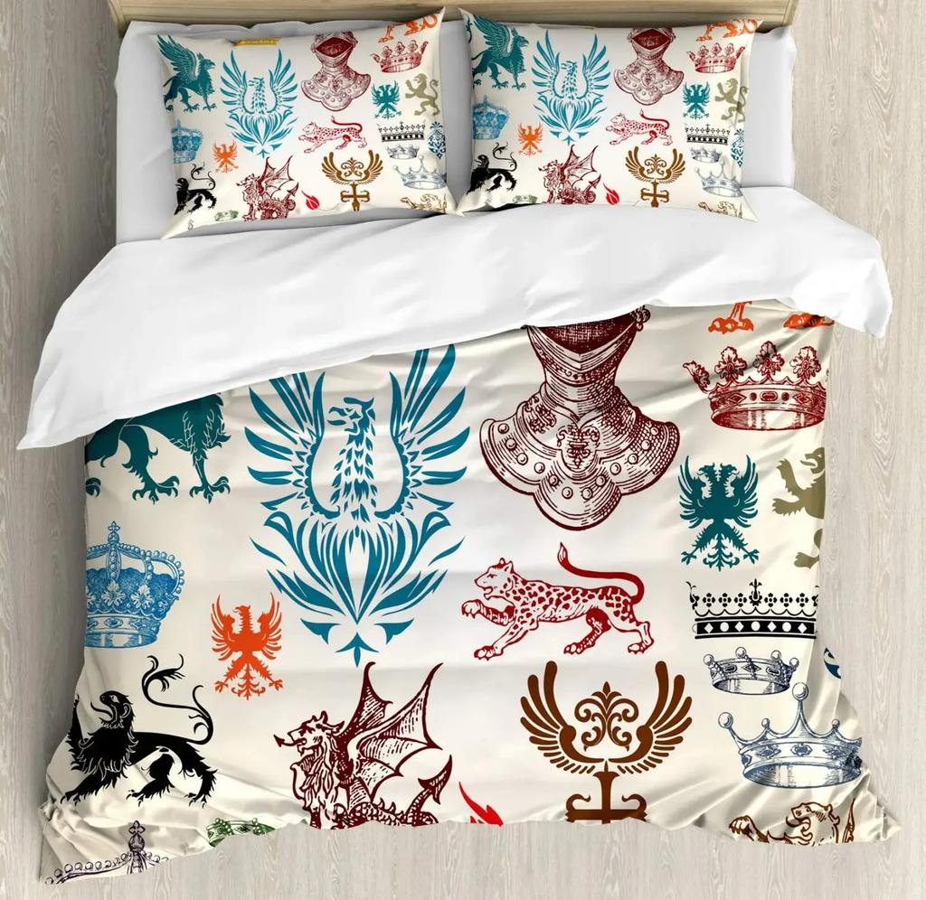 Medieval Duvet Cover Set,Heraldic Design From Middle Ages Coat Of Arms Crown Lions And Swirls, Bedroom Decorative Bedding Sets