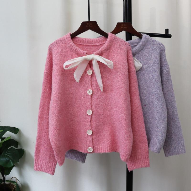 Autumn and winter new lace-up bow knitted cardigan loose soft waxy sweet gentle wind sweater jacket women's clothing