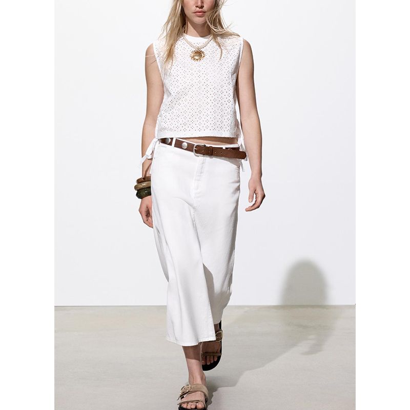 Spring and Summer Women's Clothing Bows Adjustable Hem Cotton Cut Out Embroidered Crew Neck Sleeveless Tops 4174379