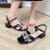 2025 Summer Women's Fashionable Square Toe Open Toe Wide Sandals New Diamond-encrusted Design Outdoor Wedding Banquet High Heels