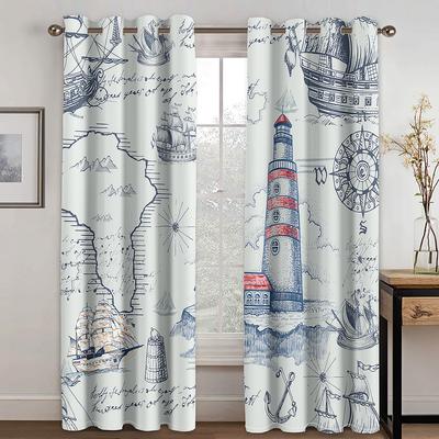 Nautical Old Boat Sketch Ship Wheel Compass Anchor Thin Window Curtains for Living Room Bedroom Decor 2 Panels Free Shipping