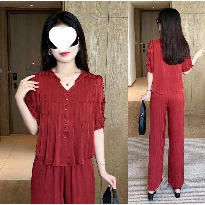 

Эстетичный шелковый модный комплект для женщин - Летнее элегантное платье для мамы - Легкий стильный повседневный комплект из двух предметов M красный