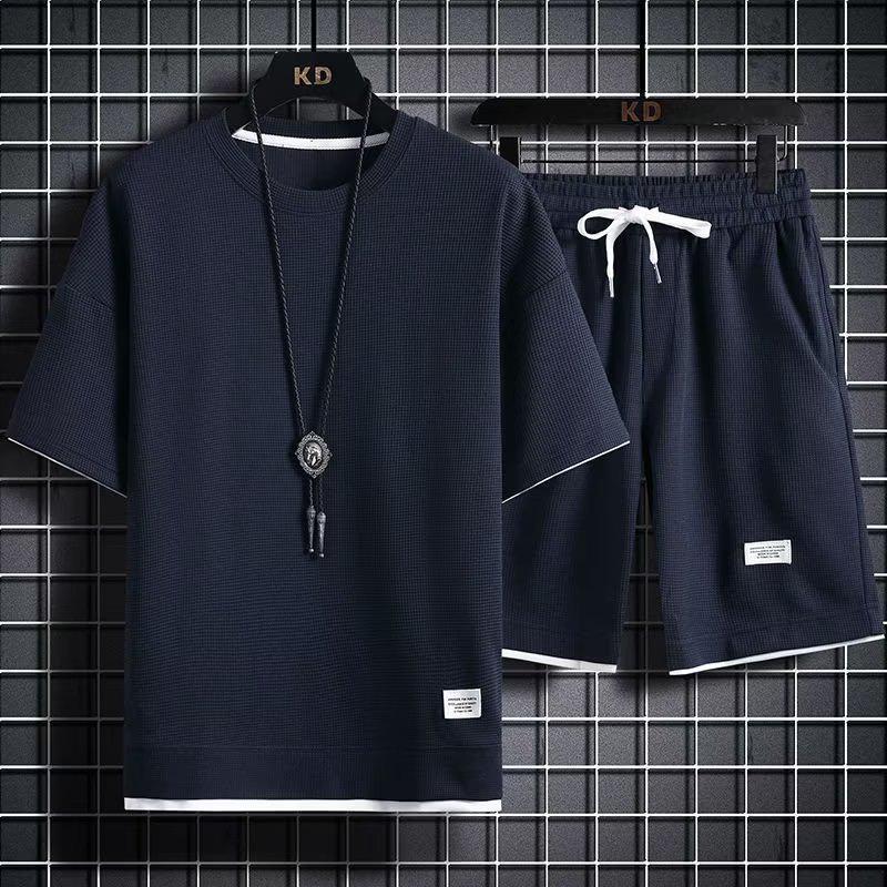 

Мужской летний спортивный комплект из вафельной вязки: Модные свободные шорты и топ с короткими рукавами 5XL (90-100 kg)