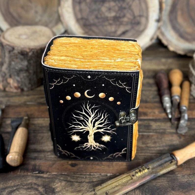 Large tree of life leather journal Grimoire journal Blank spell tarot notebook