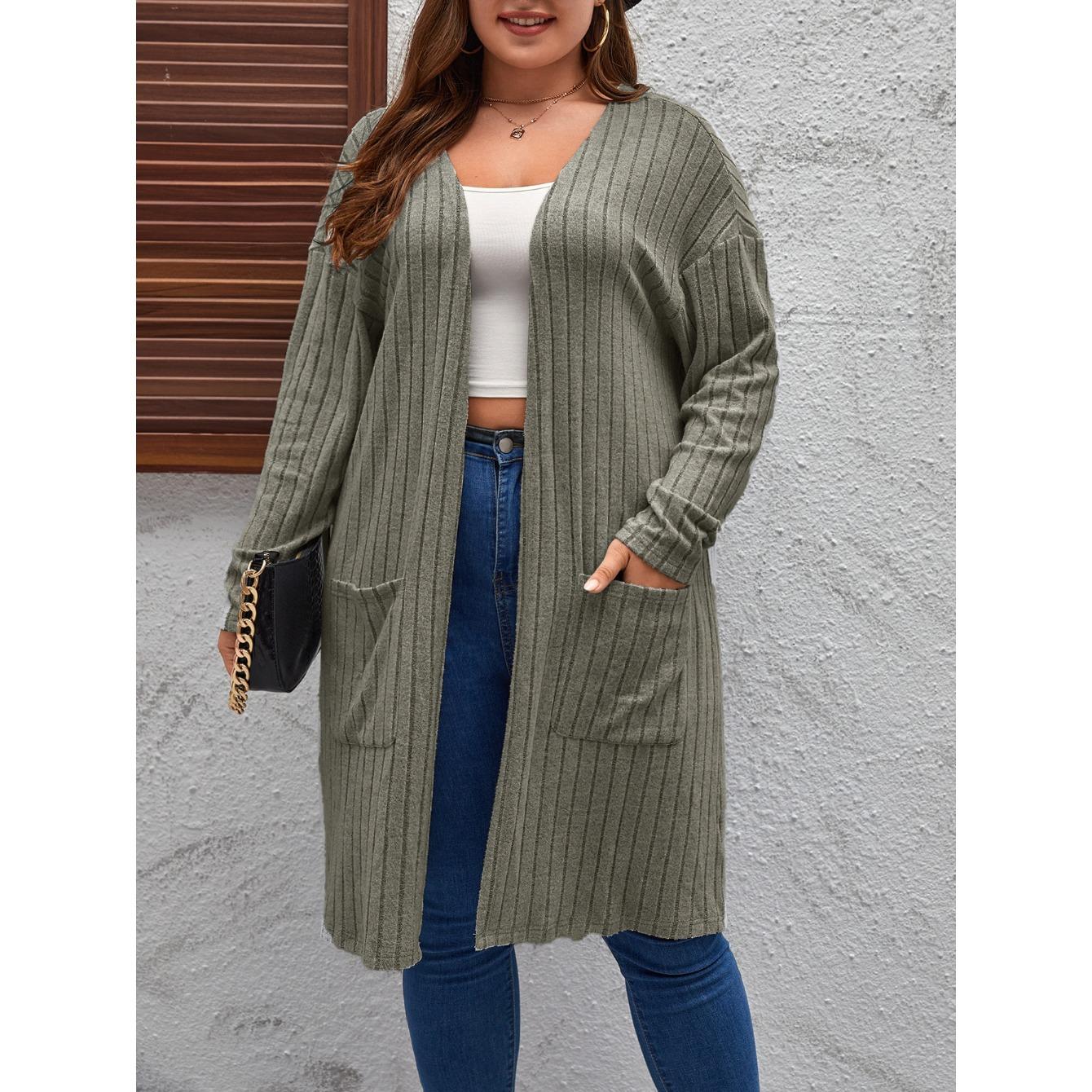 

women s Plus Size Ribbed Pocket Long Sleeve Open Front Longline Cardigan Knitwear Outerwear Coat 5XL