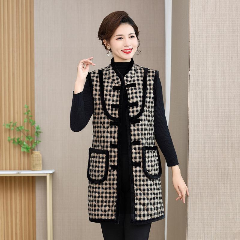 Ethnic-Style Autumn/Winter Velvet Mid-Length Tang Suit Vest for Middle-Aged and Elderly Women