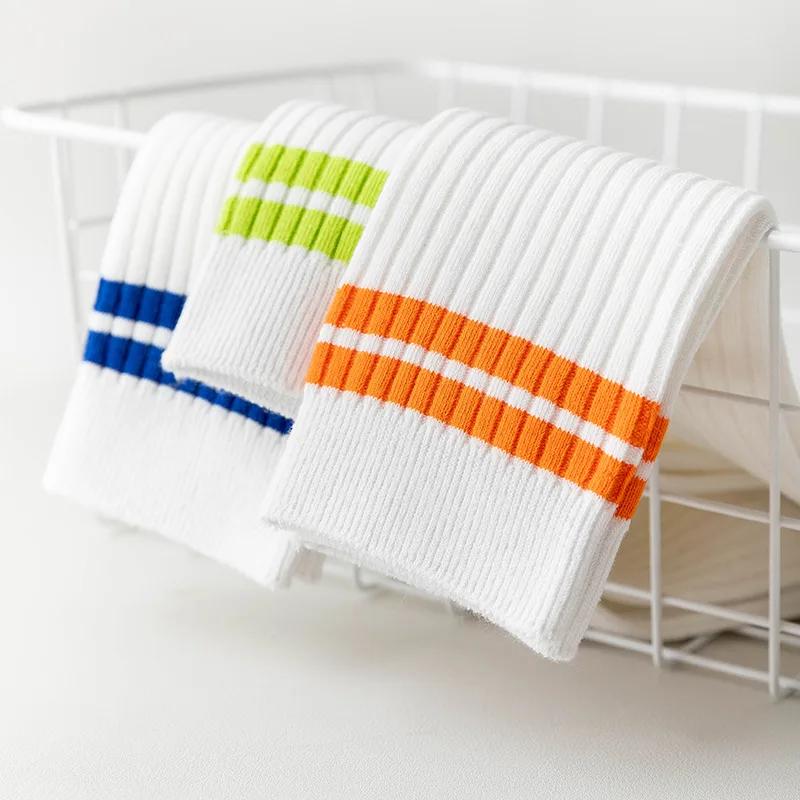 Korean White Orange Striped Socks Women Sport Socks Soft Breathable for High School Students Girls Cotton Long Socks