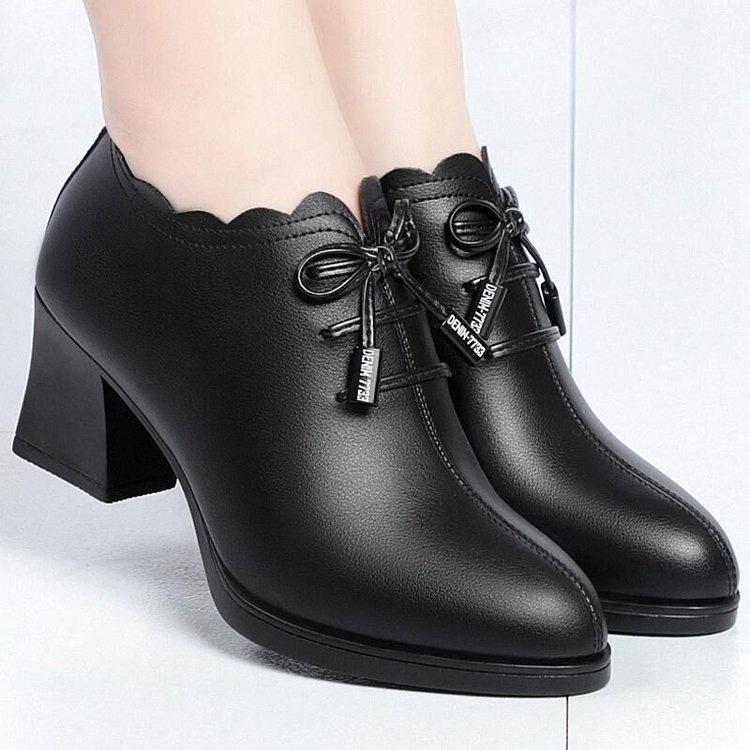 Schuhe tiefer Schnitt dicker Absatz einzelne Schuhe Frühling und Herbst neu weiches Leder mittlerer Absatz mittlere Lederschuhe