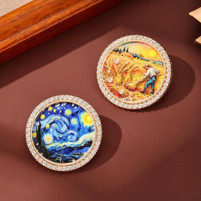 1Pcs Rhinestone Round Lapel Pin Famous Painting Brooches For Women The Starry Night And Farmer In Wheat Field Party Brooch Badge