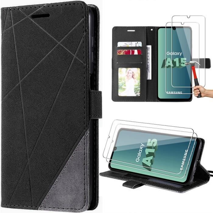 Coque pour Samsung Galaxy A15 5G - Noir - Cuir PU - 2 Verres Trempés - Support Multi-Positions