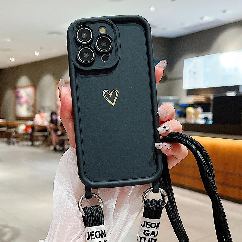 

Cute Heart Crossbody Lanyard Liquid Silicone Soft Case For iPhone 17 16 15 Pro Max 14 13 12 11 XR 8 Plus Necklace Strap Cover For iPhone 12&Case & Strap