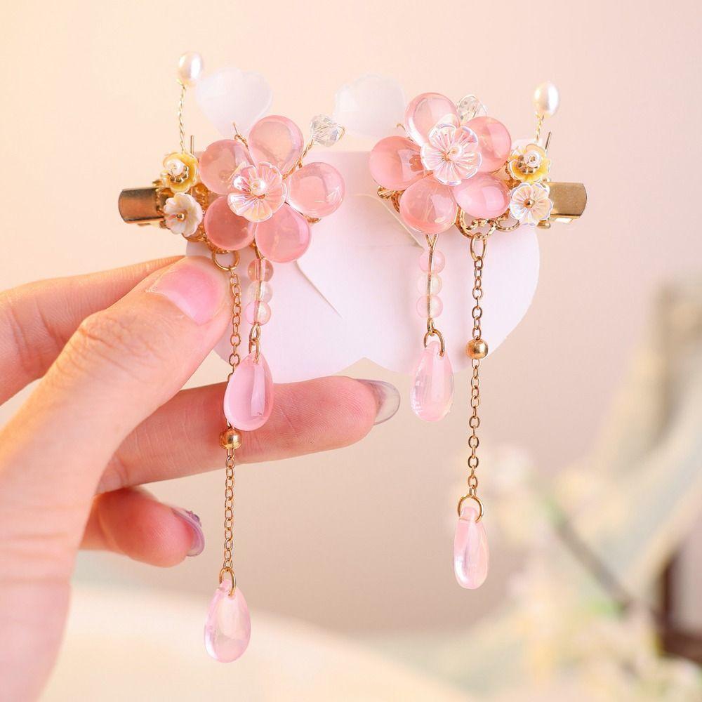 Sweet Pink Hair Clip Flower Tassel Chinese Style Barrette Styling Accessory Hair Accessories Hanfu Accessories