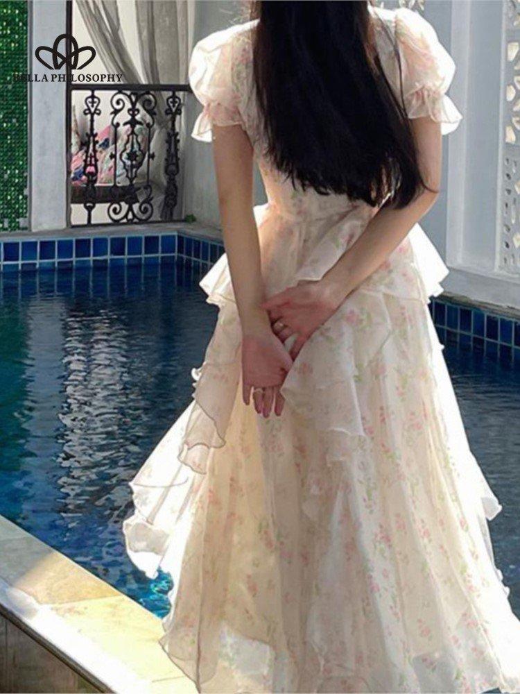 Vintage Fairy Ruffles Long Dress Women Print Floral Elegant French Party Midi Dress Puff Sleeve Casual Women's Clothing