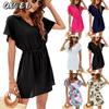 Fashion Summer Spring Solid Color Print Short Sleeve V-Neck Casual Dresses