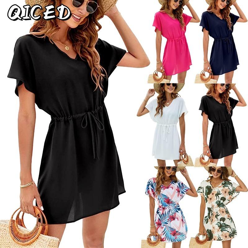 QICED Fashion Summer Spring Solid Color Print Short Sleeve V-Neck Casual Dresses