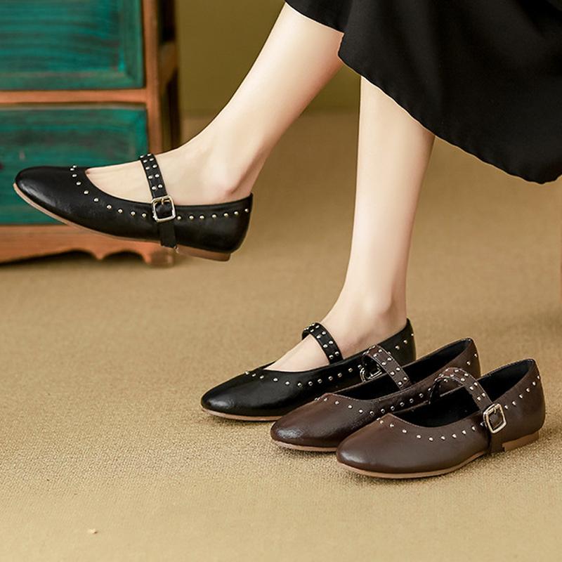 Fashion Rivet Buckle Strap Ballets Shoes Ladies Solid PU Leather Flats Woman Soft Bottom Mary Janes Femme Stud Mocassines Barefoot Shoes