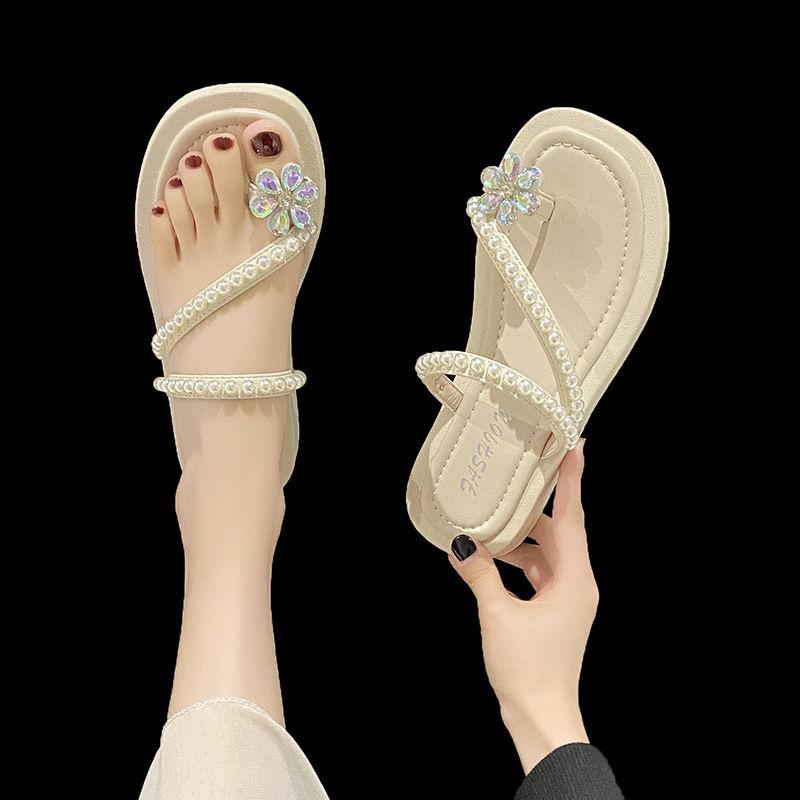 

Fashion Flat Pearl Slides Rhinestone Flip Flops on Beach Women s Slippers and Ladies Sandals Stylish Offer Pvc Elegant Fashionable Shoes 35