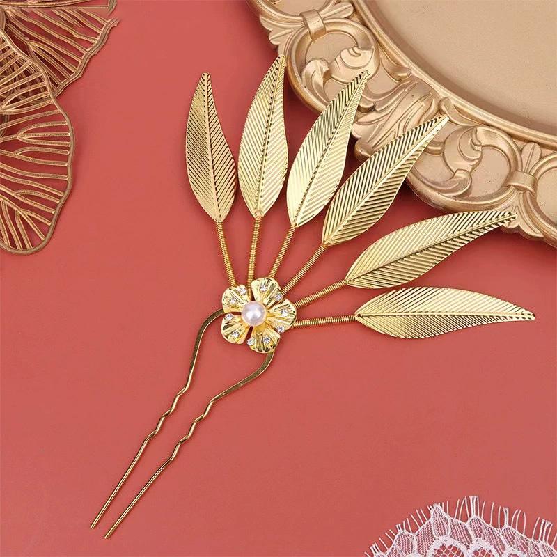 1PC Headwear Jewelry Thailand Ethnic Golden Dance Party Decoration Hairpin for Women Crystal Flower Hair Accessories Alloy Leaf