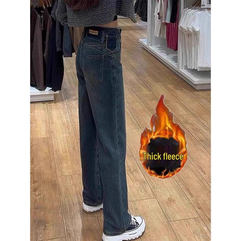 Women's Plus Size Fleece-Lined High Waist Wide-Leg Jeans - Winter 2025 Retro Style