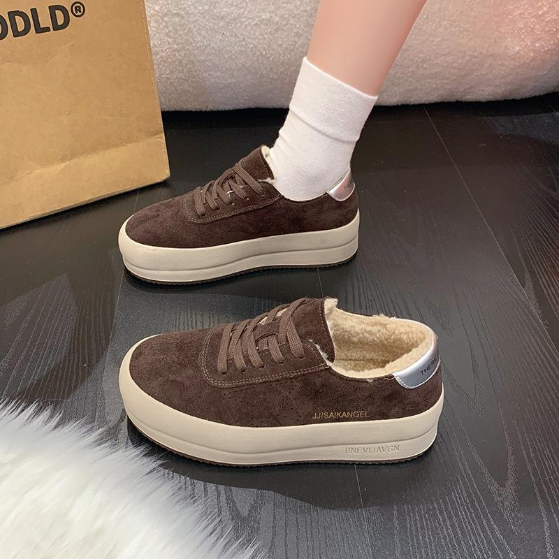 

Корейская версия туфель на толстой подошве из натуральной мягкой кожи женские 2025 новые зимние бархатные повседневные туфли теплые модные спортивные хлопковые туфли 40 кофейный