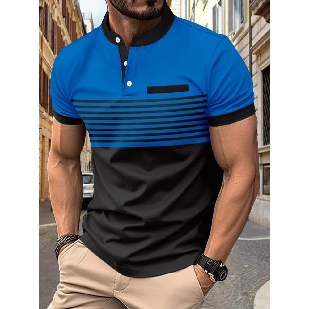 

Мужская повседневная рубашка поло с короткими рукавами и принтом, воротником-стойкой XXXL синий