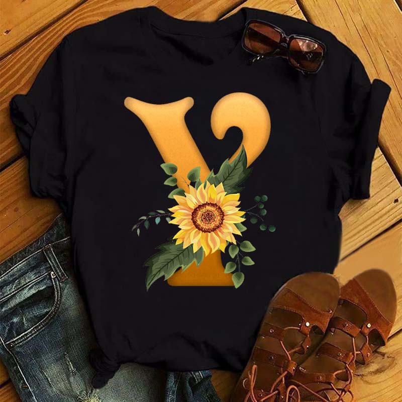 Maycaur Women's T Shirt Custom Name Letter Combination Print Tshirt Sunflower Letter Font A B C D E F G Short Sleeve Ladies Tops