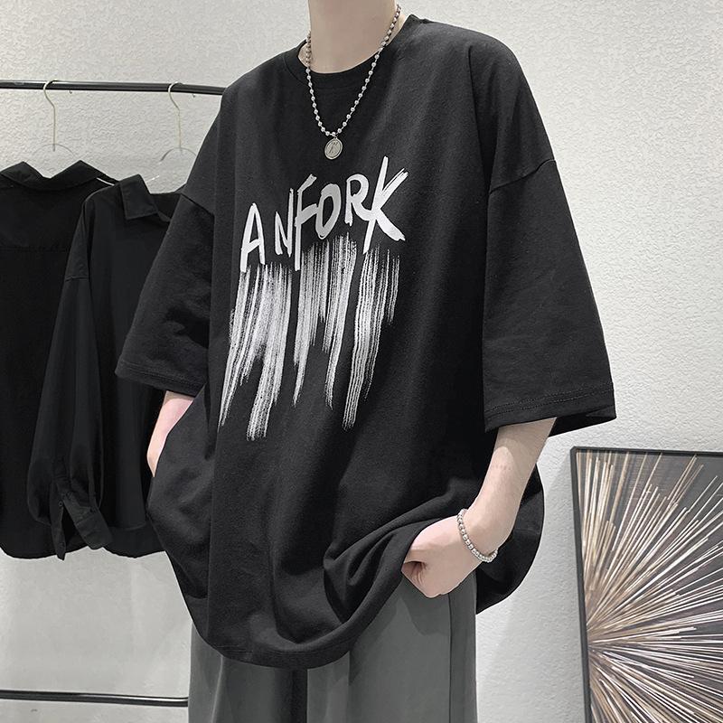 IELGY T-shirt Stile Hong Kong da Uomo a Manica Corta Estiva Larga Casual Stile Coreano di Tendenza Selvaggia Hip-hop Top Abbigliamento a Manica a Cinque Punti