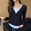 Solid Color Round Neck Autumn Zipper Fake Two-piece Long-sleeved Shirt Women's Casual Pleated Bottoming Shirt Top
