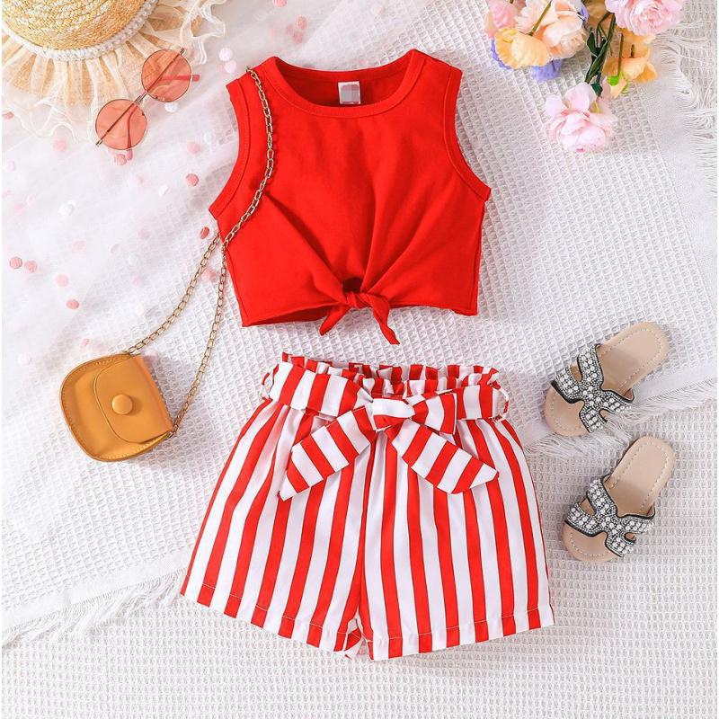 Tops Round Neck Sleeveless Shirt + Vertical Strips Stitching Shorts Casual Baby Clothes