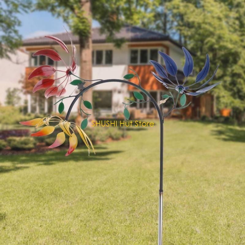 Large Metal Wind Spinner with Three Spinning Flowers Butterflies Windmill Decor D57B