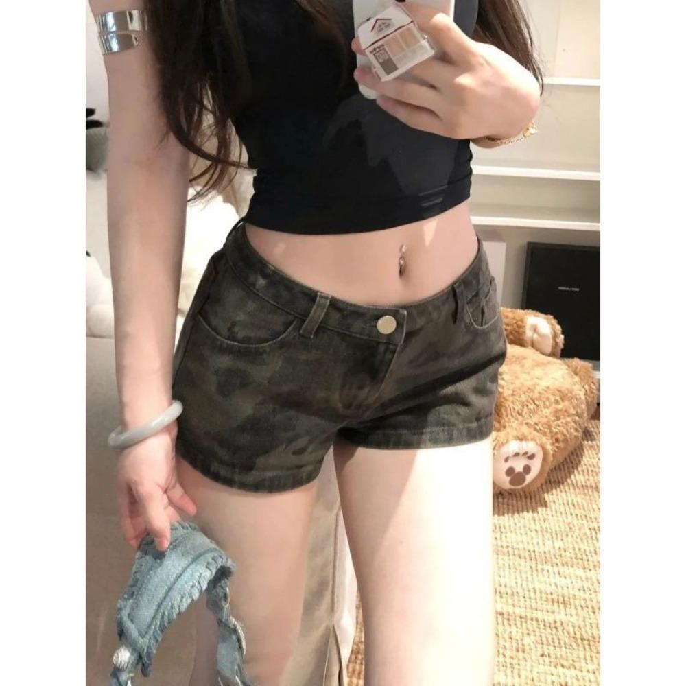 Women's Low Rise Denim Shorts Camo Printed Slim Fit Vintage Washed Skinny Hot Pants
