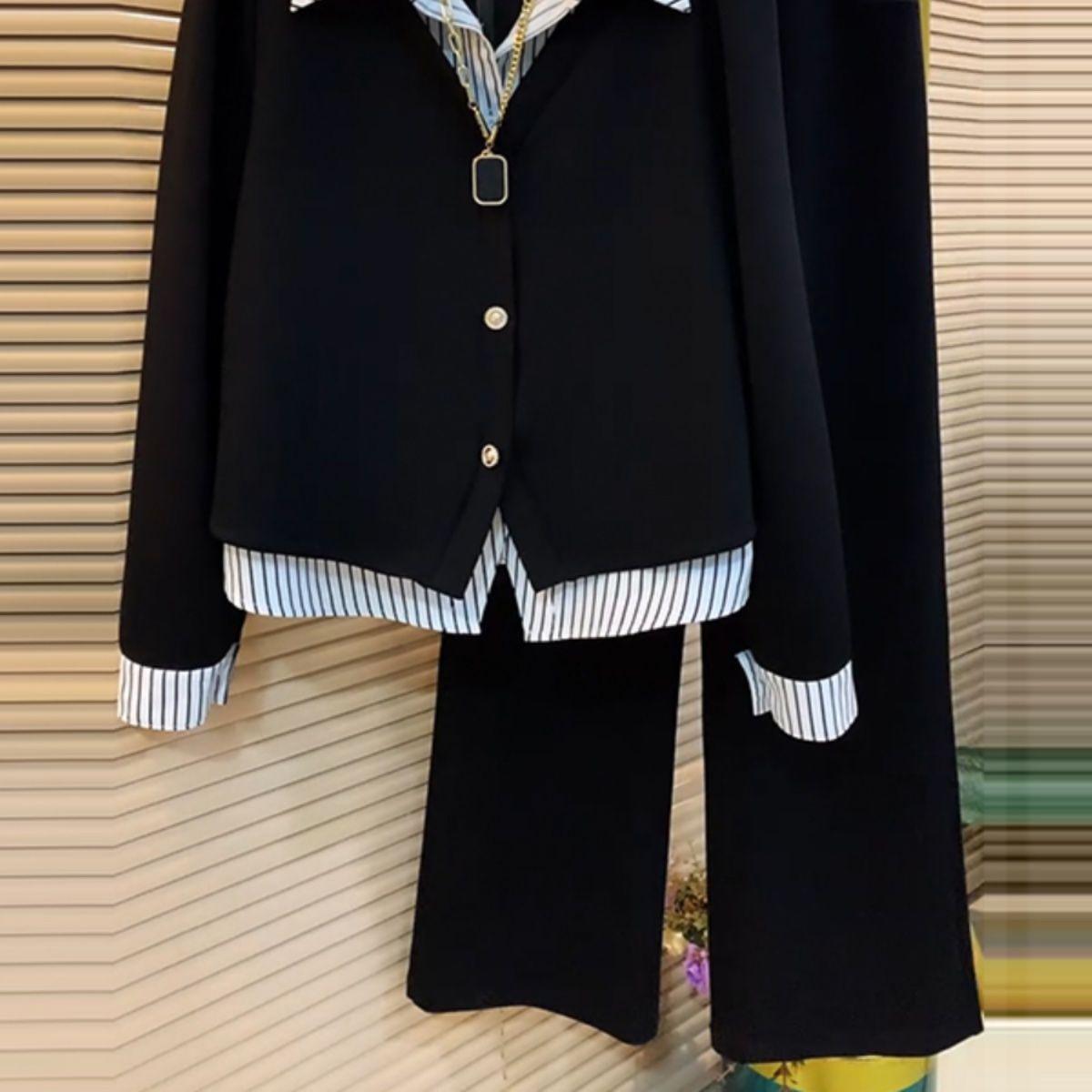 

Women s 2025 Striped Two-Piece Set: Shirt Collar Top and Wide-Leg Pants XL [115-125 lbs]